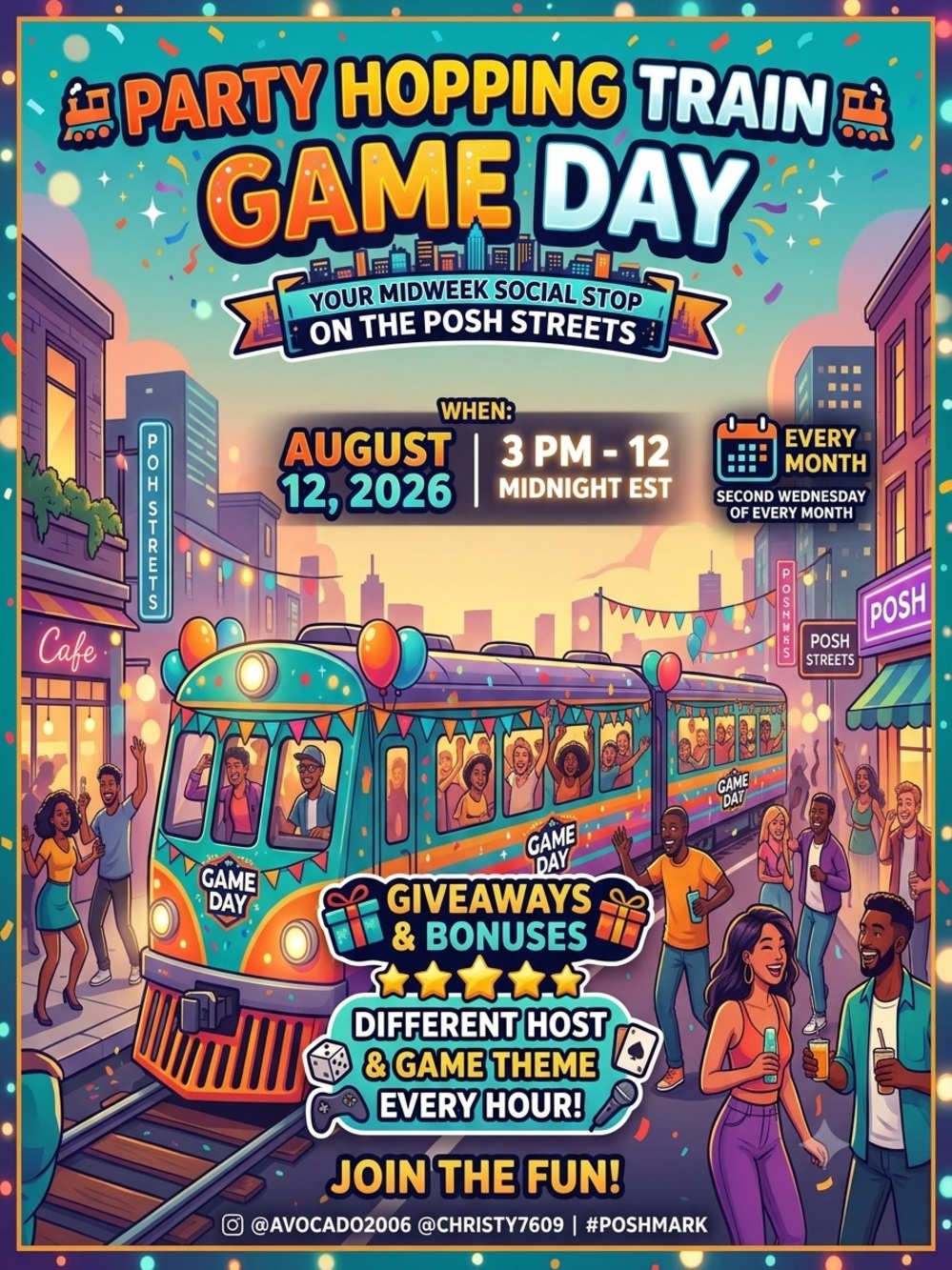 August 12th Party Hopping Train GAME DAY on the Posh Streets